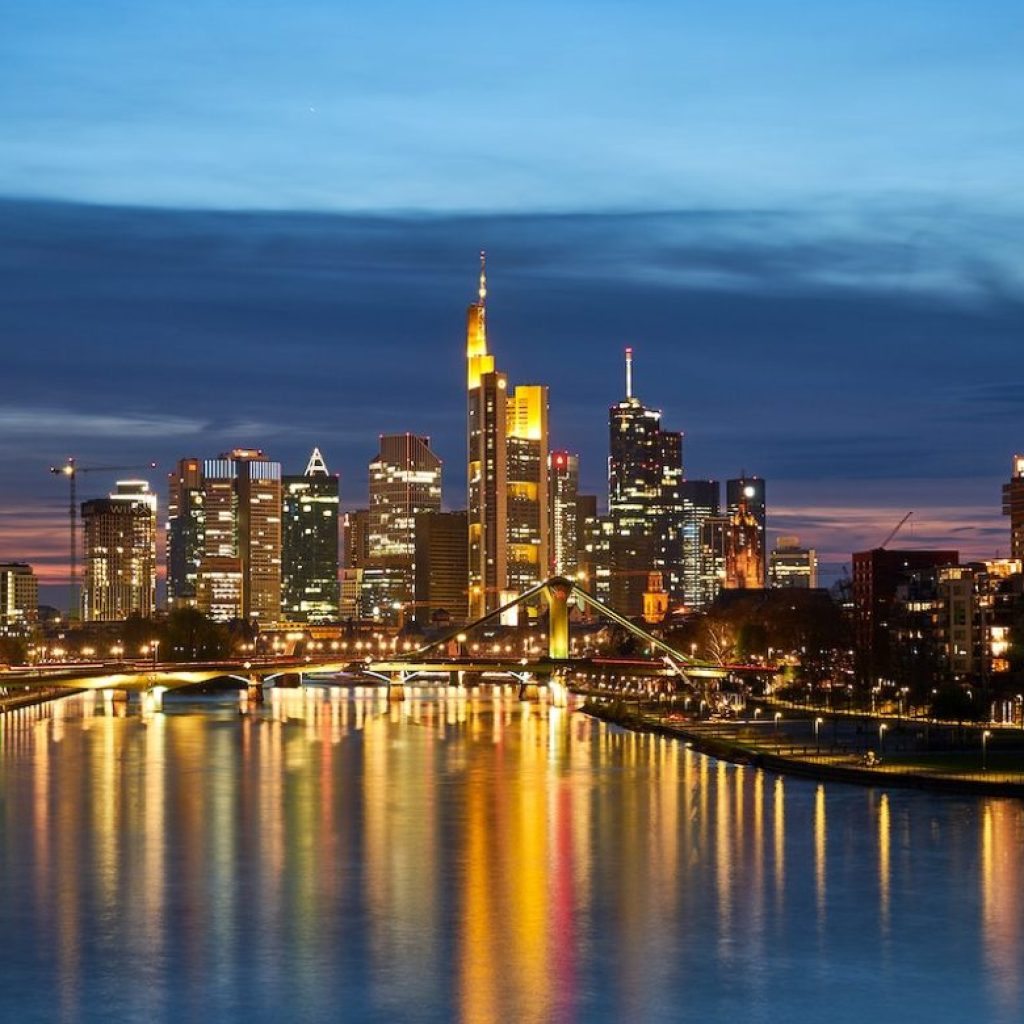 Frankfurt Skyline at night. Original public domain image from Wikimedia Commons